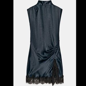 Zara Satin Lace Dress - Navy Blue